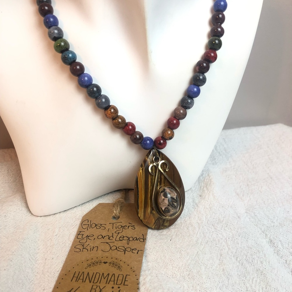Handmade by: Kayk, Glass beaded Necklace w/ Tiger’s eye and jasper 24” #195